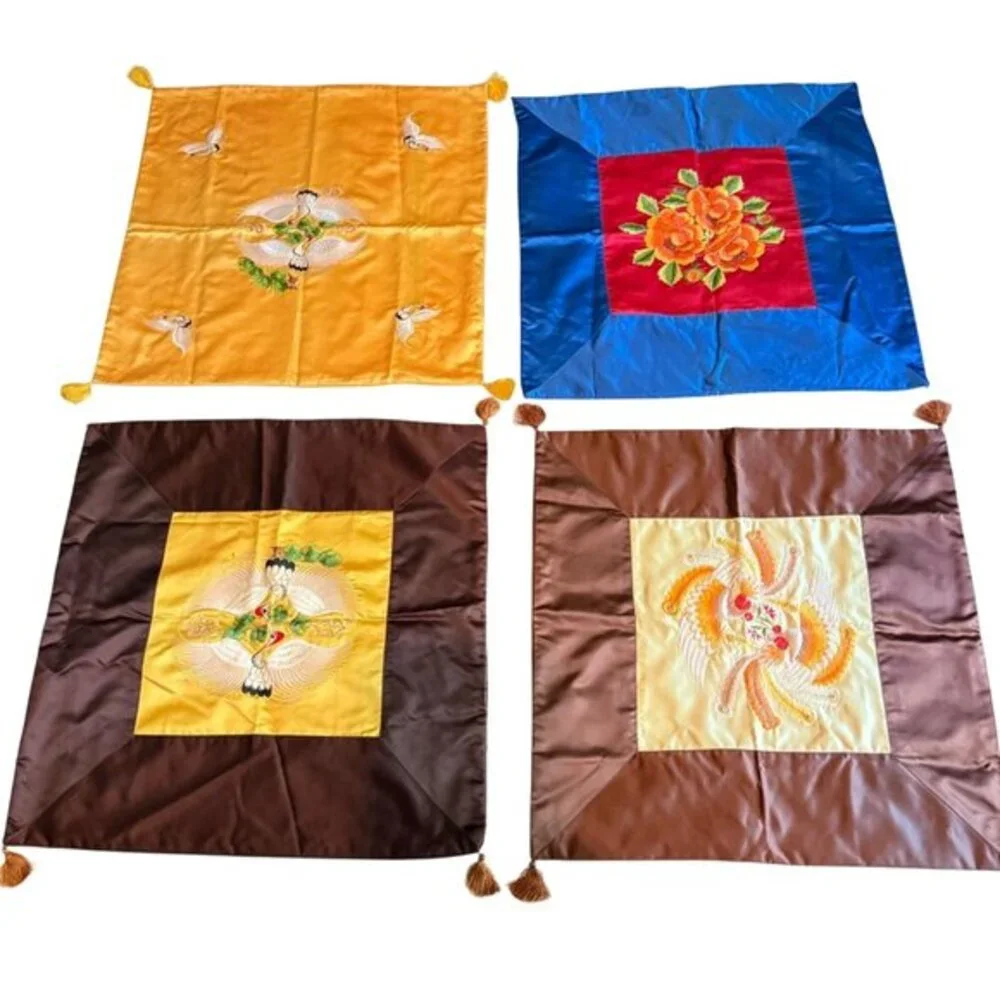 Asian‎ Embroidered Satin Pillow Covers Floral Birds Tassels Vintage Square